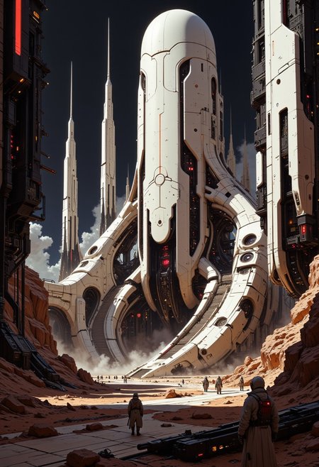 anime art, A digital artwork in the style of cknc, the image is featuring a sci-fi cityscape of colossal buildings and towers in an arid dusty landscape, white ceramic surfaces glistening with condensation from the mist, red glowing diodes and lights, large depth of field, sunset, directional lighting, with scientists in spacesuits surrounding it, black, red and white abstract colour palette