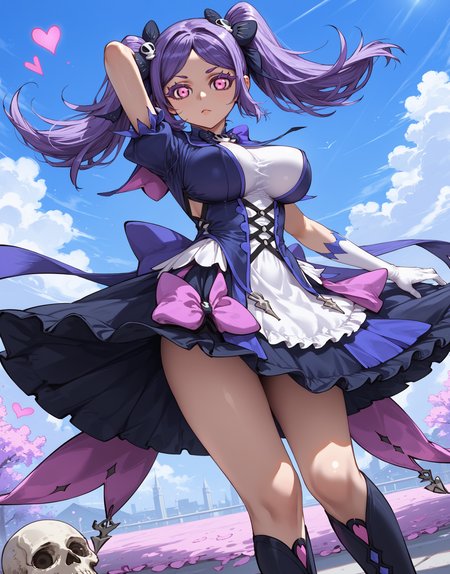 score_9,score_8_up,source_anime,(anime styal:1.1),anime,rating_explicit,1girl,<lora:lanmei-000032:1>,Lanmei haoxiongdi,twintails,purple hair,pink eyes,solo,perfect face,bedutiful eyes,<lora:DetailedEyes_V3:1>,slim waist,<lora:add-detail-xl:2>,<lora:ClearHand-V2:1>,magical girl,bow,gloves,white gloves,boots,purple bow,dress,skull hair ornament,looking at viewer,hair ornament,large breasts,black bow,black footwear,hair bow,heart,dress,(looking at viewer:1.1),blue sky,Sexy pose,elegant,School,wind,