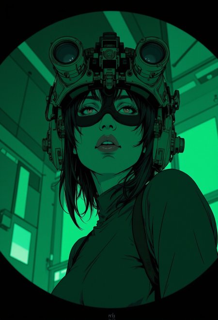 <lora:ck-nc-luminal-genesis-000016:1>, A digital anime artwork in the style of cklg, image viewed through the green filter of night vision of woman wearing on head n0ds dual-tube panoramic optical device two cylindrical lenses attached to the front of the helmet with integrated hearing protection, the plastic cyborg mask is open, the mechanical parts of the robot are visible inside, the android is very sinister and dangerous, from the epic movie Ghost in Armor, warzone
<lora:n0ds:0.9>