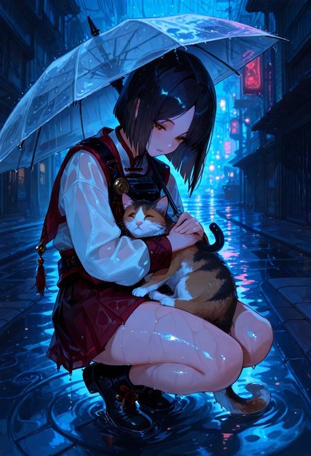 masterpiece, best quality, amazing quality, very aesthetic, absurdres, newest, calm colors,,  1girl, crouching, solo, soaking wet Cat, (on lap:1.2), petting, dark hair, inverted bob, straight hair, outdoors, parted bangs, pleated skirt, looking at viewer, , holding umbrella above cat, (cuddling:1.1),    city, night, street, wide shot, shiny skin, heavy rain   <lora:ill\Bluethebone Style.safetensors:0.8> Bl3th3bn3_Styl3_SKNSFW,