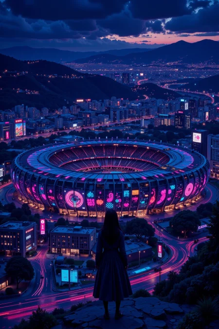 olympic stadium beautiful  landscape, bright luminous night, woman, very intricate, very detailed, sharp, bright, colorful, <lora:Hand v2:0.5> <lora:Anti-Blur:1><lora:Insane Detail Slider:0.25>  <lora:flux.1_lora_flyway_Epic-detail_v2:0.3> <lora:fluxenhancer:0.25> <lora:Neurocore Anime Cyberpunk v2.0:1> A digital artwork in the style of cknc <lora:abyss-neon:0.6> bo-neon