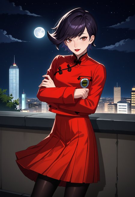 score_9, score_8_up, source_anime, 1girl, looking at viewer, cowboy shot, smile, parted lips, crossed arms, <lora:KeiSMT-pdxl:1> keiSMT, black hair, short hair, asymmetrical hair, brown eyes, red lips, red jacket, chinese clothes, school uniform, long sleeves, red skirt, pleated skirt, black pantyhose, city, night, full moon