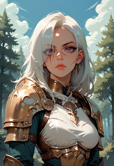 1girl, armor, scar, solo, scar on face, white hair, long hair, hair over one eye, looking at viewer, purple eyes eyes, outdoors, upper body, breastplate, medium breasts, shoulder armor, tree, makeup, lip gloss, day, scar across eye, sky, , cloud, , shoulder plates, pauldrons, breasts, nature, eyelashes, scar on nose, scar on cheek, closed mouth, forest, blue sky, one eye covered
,  <lora:Ri-MIX_A_Illustriousv2-000009:1> rimixa,, looking at viewer,, , score_9, score_8_up, score_8_up,