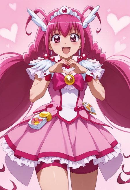 score_9, score_8_up, score_7_up, best quality, masterpiece, source_anime, 
BREAK, shiny skin,
<lora:curehappy.pony:1>,
curehappy, pink hair,
BREAKE
heart shaped hands,<lora:AwyHandHeartXL:0.5>
BREAKE
 full body, half sitting posture,
BREAKE
from below,seen by the side