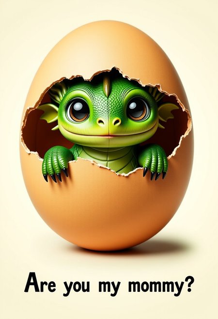 A zoomed-in image of an egg, cracked open at the top. A little adorable, sweet, green dragon with sharp teeth appears out of the egg. A large bit of egg shell is still on her head. She is looking straight at the viewer. She is looking very cheerful but also a little confused. At the bottom of the picture is a text that reads: "Are you my mommy?"