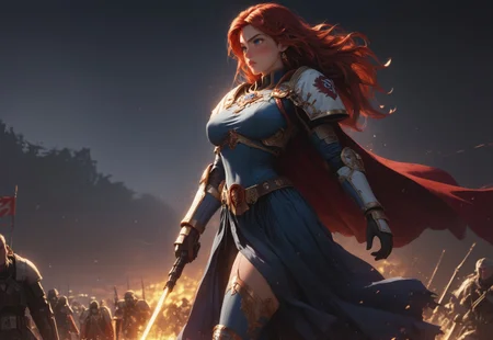 safe_pos, 1girl, solo, 18 year old girl, detailed face:1.4, stunning beauty:1.5, long legs, large body, warrior goddess:1.3, flushed cheeks, long hair, redhead, freckles:1.4, looking into distance, earrings, wide hips, bulky power armor:1.5, gauntlets, pelvic curtain, thigh highs, majestic cape billowing behind her:1.4, body in profile:1.6, walking, action pose:1.3, cape blowing horizontally by wind:1.3,

smokey battleground, streaming red flags, battlefield, flaming projectiles in sky, 

score_9, score_8_up, score_8, masterpiece:1.3, best quality, official art, extremely detailed, CG unity 8k wallpaper, highly detailed, absurdres, high definition, photorealism:1.5, detailed shading, dynamic lighting, high contrast, ambient occlusion, vivid colors:1.5, saturated colors:1.6, ray tracing, 

wide shot:1.5, establishing shot:1.5, cinematic, epic:1.5, subject to side of frame, subject off-center:1.5, cape focus:1.3, side shot:1.3, girl to the side of screen, wide frame battlefield shot, focus battlefield, 

expressiveh, WhiteS40k, 