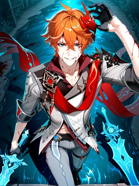 masterpiece, best quality, absurdres, amazing quality <lora:cfg_scale_boost:0.3> <lora:StS-Illustrious-Detail-Slider-v1.0:3> <lora:StS_Age_Slider_Illustrious_v1:3>,detailed_background,outdoors,jacket,male focus,floating earring,cuts,short hair,standing,v-shaped eyebrows,eksi \(kriixx\),half gloves,blood on clothes,belt,red mask,injury,arm up,bleeding,thigh strap,looking at viewer,cape,holding sword,crossed bangs,highres,black belt,water,liquid weapon,black footwear,holding,jewelry,blood from forehead,black gloves,weapon,vision \(genshin impact\),orange hair,collared shirt,long sleeves,single earring,ahoge,mask on head,absurdres,holding weapon,grey pants,sleeves rolled up,grey jacket,mask,parted lips,shirt,blood,solo,hair between eyes,blue eyes,blood on face,tartaglia \(genshin impact\),sword,smile,shadow,1boy,red shirt,sparkle,gloves,boots,earrings,pants,popped collar,red cape,genshin impact