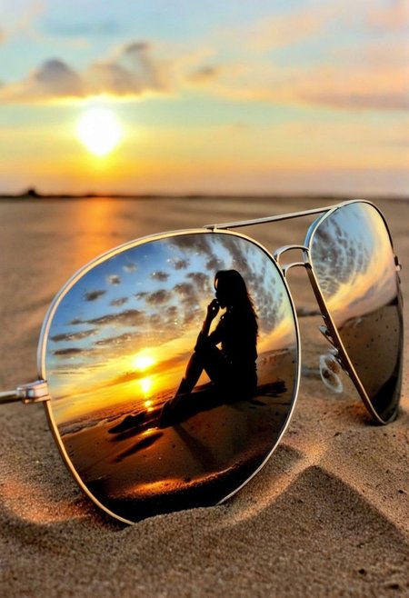 F-B-C, reflection, silhouette, 1 woman sitting on sand reflecting into glasses, rayban glasses, sunset, clouds