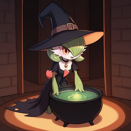score_9, score_8_up, score_7_up, score_6_up, score_5_up, score_4_up,
 cartoon style, cartoony style,
 luminekoStyle,
1 girl, gardevoir, green_hair, green_skin, hair_over_one_eye, 
full body, witch clothes, , cottage, cauldron