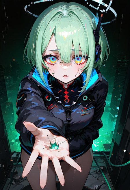 (masterpiece:1.5), (best quality:1.4), (ultra-detailed), (digital art), (glitchcore aesthetic), (neo-cyberpunk), (fragmented composition), (high contrast lighting)
((mysterious humanoid figure)), ((fragmented body with glitch distortions)), ((face partially pixelated or smeared with RGB separation)),
((futuristic outfit with digital veins glowing in blue and magenta)), ((static-like texture across arms and chest)), ((data corruption symbols embedded into skin or clothing))
((background: collapsing digital cityscape)), ((floating UI fragments, broken HUDs, digital rain)), ((cracked screens hovering in mid-air)),
((glitch effects: color channel splits, VHS lines, visual tearing)), ((holographic debris flying around)), ((strong ambient light from unknown source))
((pose: standing mid-step as if in a system crash)), ((one hand reaching forward as pixels break off)), ((eyes glowing unnaturally through scanlines)),
((abstract geometry and ghosted duplicates of figure trailing behind)), ((high motion blur on edges, sharp detail on face))
((main colors: neon cyan, magenta, deep black, occasional green static)), ((noise filter overlay, distorted shadows)), ((digital chaos, surreal yet grounded))
