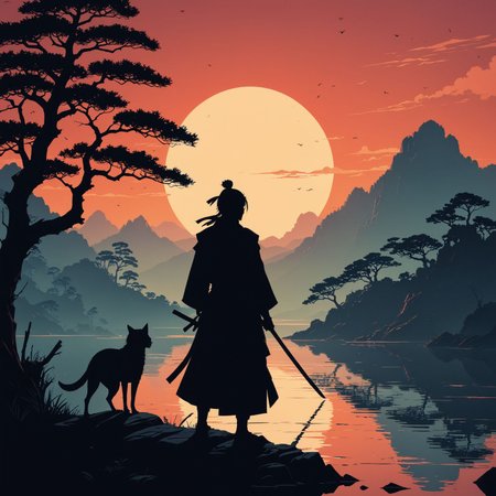by Miyamoto Musashi and Bess Hamiti in the style of James Gilleard, silhouette <lora:silhouette:2.00>