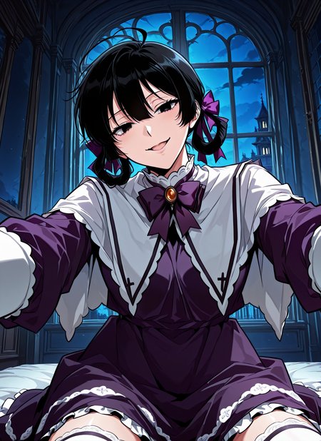 <lora:Asmodeus___Omniscient_Readers_Viewpoint__Illustrious:1>
solo, black hair, black eyes, short hair, twintails, braid twin braids, bangs, ahoge, hair between eyes, hair rings,
purple dress, frilled dress, bow, hair bow, long sleeves, purple bow, frills, purple bowtie, thigh-high socks, white capelet
score_9, score_8_up, score_7_up, score_6_up, source_anime, rating_explicit, 1girl, solo,  alcalose eyes, open mouth, mansion, indoors, looking at viewer, outstretched arms, pov, close-up, (head tilt:1.2), open mouth, sitting, evil smile, night, looking at viewer, <lora:iLLMythG0thicL1nes:1>