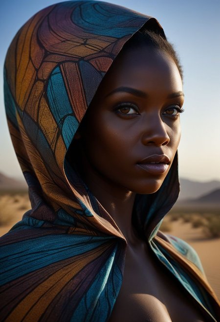 Very close-up mysterious silhouette of a coloured exotic woman with cape, african safari desert, goddess, alluring, by Minjae Lee, Carne Griffiths, Emily Kell, Steve McCurry, Geoffroy Thoorens, Aaron Horkey, Jordan Grimmer, Greg Rutkowski, amazing depth, double exposure, surreal, geometric patterns, intricately detailed, bokeh,  perfect balanced, deep fine borders, artistic photorealism , smooth,  great masterwork by head of prompt engineering   <lora:add-detail-xl:2>  <lora:Double_Exposure:0.5>
Close-up