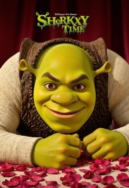 Shrek,on a bed filled with rose petals. smiling impishly looking at viewer. Laying down seductively. Text in dark green slimey font "Shrekxy Time" . Rendered in the highest detail.