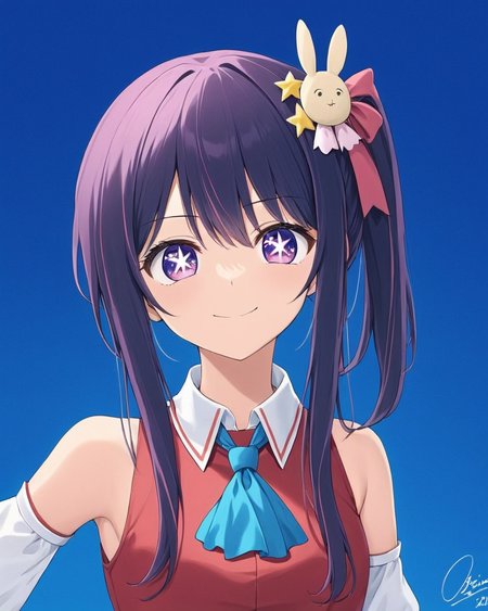 ai hoshino,1girl, solo, smile, looking_at_viewer, blue_ascot, star_\(symbol\), upper_body, bare_shoulders, blue_background, closed_mouth, dated, detached_sleeves, signature, collared_shirt, star_hair_ornament, sleeveless, virtual_youtuber, side_ponytail, one_side_up, rabbit_hair_ornament, simple_background
<lora:hoshino_ai_(oshi_no_ko)_image2321_2023-12-06:1>,star-shaped_pupils,symbol-shaped_pupils,. gorgeous,key visual, vibrant, studio anime,award-winning, professional, highly detailed,high budget, cinemascope