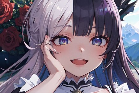 (masterpiece:1.4), 4K8K, (anime style), (high shutterspeed:1.4), (sharp edges), 
SyFyEye1, 
1woman  hands togather,  leaning foward, face focus, smile, 
wearing Celtic style dress, (Detailed face, Detailed eyes), 
any colored roses, Alps in the background,
