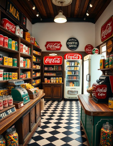 A vintage 1950s grocery store filled with nostalgic details. Wooden shelves neatly stocked with classic canned goods, glass soda bottles, and colorful retro packaging. An old-fashioned cash register sits on the wooden counter, next to a small scale for weighing produce. The checkered black-and-white tile floor adds to the mid-century charm, while hand-painted signs on the walls advertise milk, bread, and coffee in bold, retro fonts. A display of penny candy in glass jars sits near the entrance, and a vintage Coca-Cola refrigerator hums in the background. Soft, warm lighting casts a nostalgic glow over the scene, enhancing the rich textures of wood, glass, and metal, capturing the essence of a bygone era.
<lora:SDXLFaeTastic2400:0.4> <lora:extremely_detailed:0.4> extremely detailed
 <lora:1950s_grocery_st0r3:1>,1950s grocery st0r3, Masterpiece,best quality,hi res,8k,hi res,8k,award winning,(sharp focus, intricate, highly detailed),