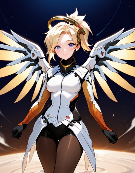 masterpiece, best quality, amazing quality, very aesthetic, absurdres,  newest, detailed background, cowboy shot, 4k, 8k, 
mercyxd, 1girl, halo, wings, blonde hair, mechanical halo, pantyhose, smile, bodysuit, solo, yellow wings, spread wings, ponytail, medium breasts, mechanical wings, gloves, looking at viewer, dynamic pose,
 <lora:Mercy_-_Overwatch_Illustrious:1>