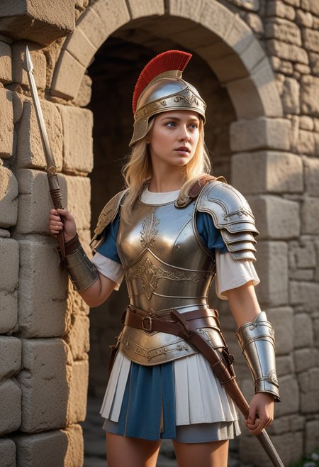(medium full shot) of (angelic roman soldier) young woman, straight blonde hair, blue eyes, light skin, tiny build,   praetorian, wearing Bronze helmet with cheek guards, muscle cuirass, white tunic, leather bracers, iron greaves, leather sandals, holding spatha with jeweled hilt , set in ancient roman empire era,  Fortified Wall, stone structure with battlements, archers in position, a gatehouse with heavy doors, guards patrolling , at sunset, surprised, open mouth, pointing her finger at the viewer, Masterpiece,best quality, photorealistic, amazing quality, very aesthetic, extremely detailed face,