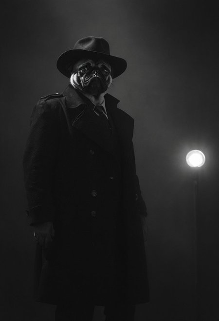 (anthropomorphic pug: 1.49) noir detective in Los Angeles,, Volumetric lighting, concept art, sharp focus, digital art <lora:xl_more_art-full_v1:0.8> <lora:Into_Darkness:0.8>, fedora, smokey, trench coat, revolver held at ready
