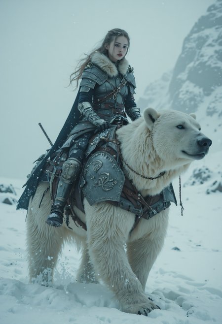 A beautiful young, slender Slavic female polar bear rider sits astride a massive armored polar bear, traveling through a vast, snowy wasteland in a fantasy setting. Her long hair is a striking blend of deep black at the roots that fades seamlessly into a ghostly pale grey at the ends, flowing around her face and over her shoulders like strands of frost. Her pale blue eyes are large and almond-shaped, reflecting the icy surroundings with an intense, almost piercing gaze. Flecks of silver sparkle within her irises, adding depth to her focused, enigmatic expression. Her high, defined cheekbones frame her delicate face, giving her a sculpted and ethereal appearance, while her smooth, fair skin bears a soft flush from the biting cold. Her straight, refined nose and thin, slightly parted lipsânaturally tinted a soft, frost-kissed pinkâreveal her resilience against the harsh elements.  She is dressed in a form-fitting, winter-ready outfit of dark leather armor and layered fur accents, designed for both warmth and freedom of movement. The armor wraps snugly around her slender frame, emphasizing her flat chest and adding to her lithe, graceful form. Over her shoulders and around her neck drapes a thick, snow-white fur mantle, blending seamlessly with the icy environment, while her gloved hands grip the reins of her massive steed.  The polar bear she rides is a colossal, awe-inspiring creature, covered in plates of shining, silver-grey armor that hug its muscular frame. Each piece of armor is engraved with intricate Slavic-inspired designs, reflecting both strength and elegance. The bearâs broad, powerful shoulders and massive paws press into the snow, leaving deep tracks behind, and its head is adorned with a reinforced helm, adding to its imposing presence. Its thick white fur pokes out from between the armor plates, covered with a light dusting of frost and snow, blending the creature into the icy wasteland.  Around them stretches a barren, wintry landscapeâa frozen wasteland blanketed in endless snow. Jagged, frost-covered rocks and skeletal trees dot the terrain, and a heavy mist swirls low to the ground, casting a mystical haze. Snow falls gently from an overcast sky, and the cold, diffused light creates soft shadows around them. In the distance, faint outlines of snow-covered mountains rise against the sky, adding to the desolate yet beautiful atmosphere of this fantasy world.  This moment captures the strength and grace of the rider and her powerful polar bear companion, highlighting their connection and resilience against the unforgiving winter landscape.   Midjourney_Whisper,   <lora:FLUX - NEOSTF - Styles for FLUX:0.6> <lora:FLUX - Realism:0.8> <lora:FLUX - Midjourney Whisper - Female Portraits ( Midjourney_Whisper ):0.7>