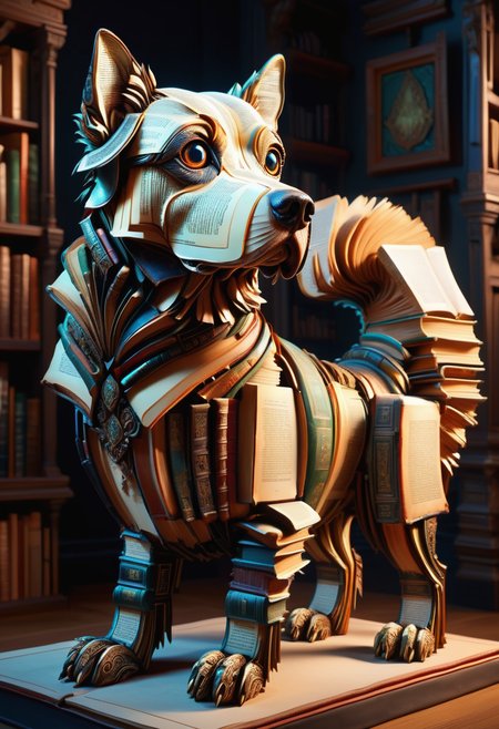 hyper detailed masterpiece, dynamic, awesome quality, DonMB00ksXL big luminous irregular whimsical asymmetrical organism, legless armless, plantigrade appendages, quadrifurcated-tailed, long-tailed, smooth skin,  dog ears,  , made of books <lora:DonMB00ksXL-000008:1>