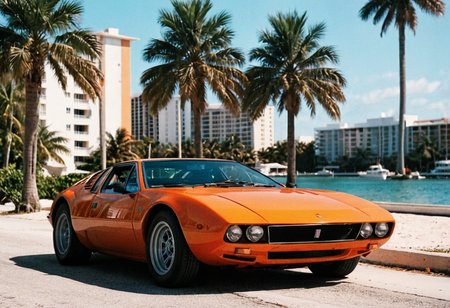 ClassicSportsCar MiamiVice, gleaming orange DeTomaso Mangusta, palm trees, seaside, cityscape, 4K, highly detailed, (((stylish grainy analog 35mm film photo)))