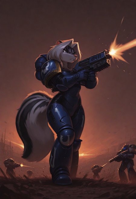 masterpiece, best quality, 1girl, furry, furry female, zigzag, skunk tail, serious expression, space marine, power armor, firing gun, heavy bolter, battlefield background, UltraM40k, no helmet
