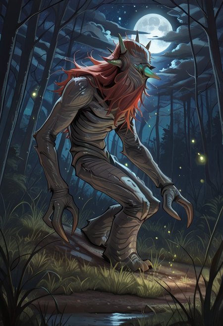 masterpiece,best quality,amazing quality,very aesthetic,absurdres,newest, huge filesize, absurd res, 
pascaH, no face, monster, grey skin, wrinkly body, horns, full body, side view, claws, forest, nighttime, stars, moon, trees, clouds, grass, fireflies, beautiful, glowing, scenery, spooky, woman with green eyes and red hair caught by creature,