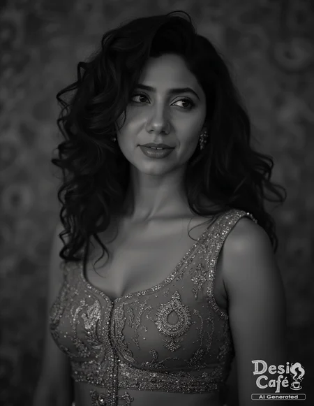 vintage still from black and white noir film photo of  mahira khan woman, hyper realistic photo that is safe for work, shy smile, studio quality image, well dressed wearing intricate sleevelessGhagra Choli, hair styled as curls,muted shaded wallpaper background that contrasts with the person, cinematic lighting,âââââ  <lora:Mahira_Khan_Flux_Kohya_V1:1>âââ
