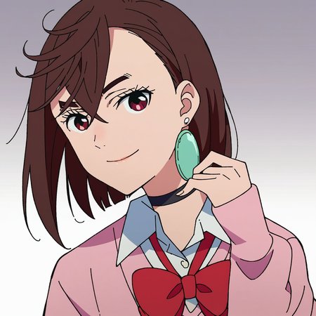 score_9, score_8_up, score_7_up, source_anime, BREAK 1girl, looking at viewer, gradient background, upper body, light smile, momo, brown hair, short hair, hair between eyes, asymmetrical bangs, brown eyes, earrings, black choker, school uniform, white collared shirt, pink sweater, long sleeves, red bowtie,  <lora:momo-ponyXL-v0.5:0.8>