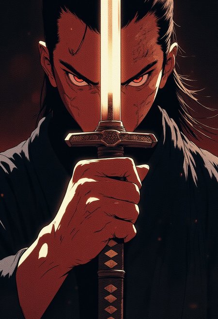 A close-up of a Japanese male holding a katana infront of his face. His blade reflecting light. 
Cinematic lighting, volumetric lighting, 8k quality