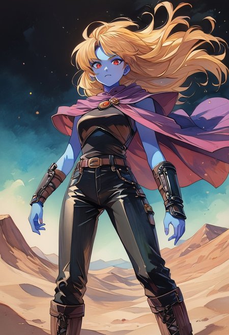 watercolor \(medium\), traditional media, ncpy13 style, pastels drawing, abstract painting, <lora:ncpy13 style:1>, score_9, score_8_up, score_7_up, Detailed, semi-realistic 90s dark fantasy anime, Vintage,1990s \(style\), perfect eyes, partially illuminated, GLSHS, InkToon, 
BREAK
1woman, 25yo, mature, Anime_source, (4k), depth of field, (Masterpiece), extremely detailed, intricate, small breast, hyper detailed, bokeh, high resolution, sharp detail, best quality, woman, (blue skin:1.3), long hair, blonde hair, red eyes, breastplate, arm guards, purple cape, fur trim, black leather pants, purple waist cape, tall iron boots, <lora:GoodHands-vanilla:0.4>, <lora:detail_slider_v4:0.8>, dynamic pose, (standing),   <lora:Rona:0.8>, sand dunes, desert, desert city night, dust particles,
BREAK
from below view, looking at viewer,
