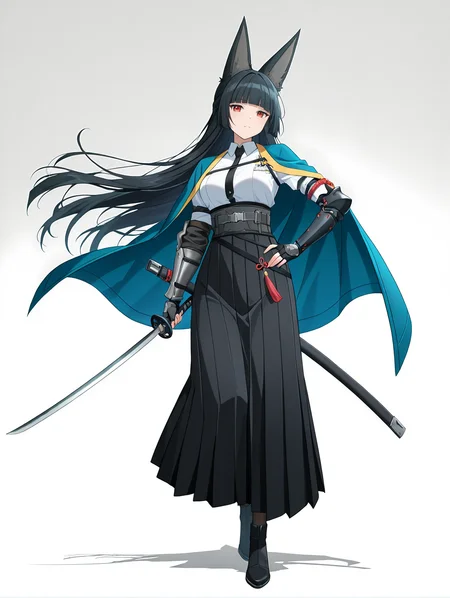 hoshimi_miyabi,1girl, animal ears, black hair, black skirt, blue cape, blunt bangs, cape, fingerless gloves, fox ears, fox girl, full body, gauntlets, gloves, high-waist skirt, holding, holding sword, holding weapon, katana, long hair, long skirt, pantyhose, red eyes, sheath, sheathed, single gauntlet, skirt, sword, tachi-e, white background, weapon <lora:hoshimi_miyabi-wildcard-ill2.0-t0-step00002300:1>, (masterpiece), (best quality), (ultra-detailed), very aesthetic, illustration, disheveled hair, perfect composition, moist skin, intricate details, anime artwork, anime style, vibrant, studio anime, highly detailed