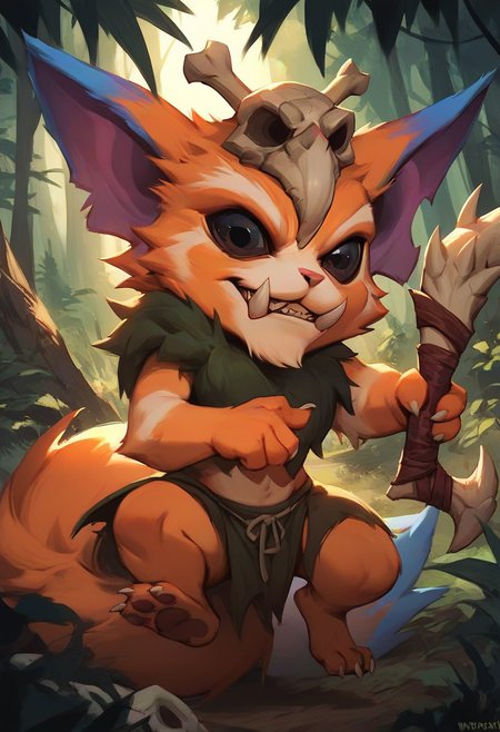 score_9, score_8_up, score_7_up, score_6_up, gn4r, 1boy, yordle, fangs, teeth, skull on head, orange fur, black eyes, tail, holding weapon, full body, forest, 
<lora:Manwha_Anime_Style:1>, manhwastyle, <lora:Gnar_Default_v1:0.75>, solo