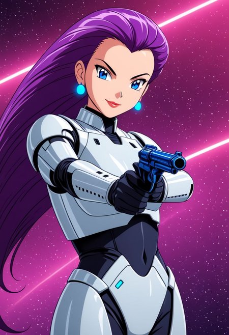 Star Wars Movie Anime style {Jessie wearing a (white) and black stormtrooper armour, no lights on armour, no helmet, blue eyes, hair slicked back, long hair, purple hair, earrings, mischievous smile, pointing a gun, looking at viewer, lips,} . fantasy, futuristic, Anime, digital, vibrant, detailed, high contrast, reminiscent of the star wars genre, UHD, HDR, masterpiece, Cinematic lighting, cowboy shot, on an alien planet,