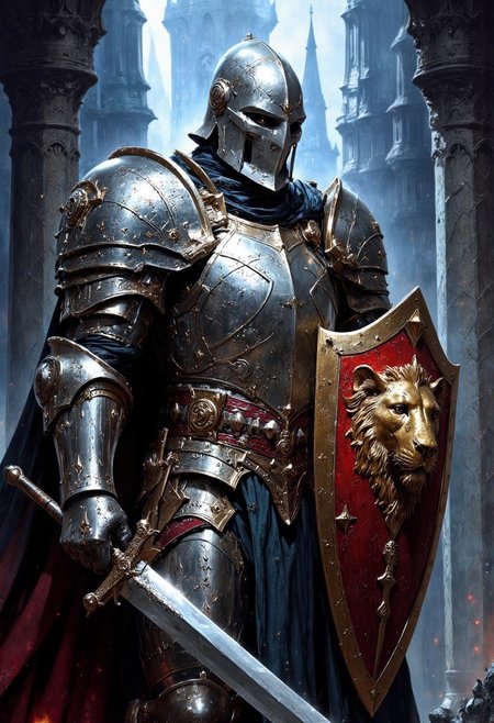 A cinematic, high-quality painting of a paladin from the Dungeons and Dragons universe, showcasing intricate and ornate armor, a gleaming sword, and an imposing shield emblazoned with a lion's head. The paladin is captured in a dramatic side-view pose, his glistening silver armor catching the light and reflecting it in a fantastical way. The background is a mix of dark and mystical elements, with a low horizon line that accentuates the paladin's heroic stature. The overall atmosphere is cinematic and evocative of grand fantasy adventures., painting, cinematic