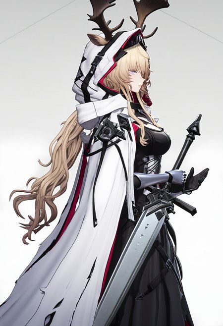 viviana (arknights),1girl, animal ears, antlers, black dress, cloak, cowboy shot, deer antlers, deer ears, dress, from side, hair through hood, holding, holding sword, holding weapon, hood, hood up, hooded cloak, horns, long hair, messy hair, parted lips, profile, purple eyes, sidelocks, simple background, solo, sword, weapon, white background, white cloak,endfieldstyle,3D,<lora:endfieldstyleV2-000008:0.85>,