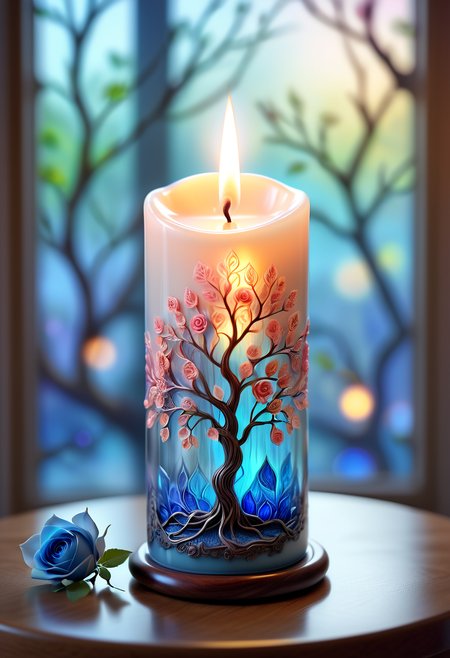 A beautiful transparent candle with a surreal glowing radiant tree inside the wax, the candle is lit and has a calming and sublime effect, light and bright, soft bokeh, pastel-effect, blue english rose, bioluminescent, in the background is a colored mosaic-like window through whose colors the light shines and reflects, sharp focus,A beautiful transparent candle with a surreal glowing radiant tree inside the wax, the candle is lit and has a calming and sublime effect, light and bright, soft bokeh, pastel-effect, blue english rose, bioluminescent, in the background is a colored mosaic-like window through whose colors the light shines and reflects, sharp focus
