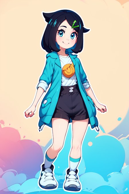 score_9, score_8_up, score_8, medium breasts, (curvy), cute, eyelashes,       BREAK, , Liko, hairclip, white shirt, black shorts, blue jacket, white socks, white footwear,  <lora:Liko-Idkanymore50:1.0>, , BREAK, smile, looking at viewer,  abstract background, white outline, cowboy shot, embedding:zPDXL, Expressiveh, <lora:CatalystStylePDXL:0.6>,  <lora:SDXLFaeTastic2400:0.5>,  <lora:Expressive_H-000001:0.4>,