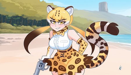 solo,1girl,mature female,mild,tall female,small breasts, 
volumetric lighting,outdoors,beach,scenery,summer,
elbow gloves, thighhighs, sleeveless shirt, print gloves, print skirt, white shirt, bowtie, bare shoulders
absurdres,ocelot \(kemono friends\), kemono friends,animal ears, extra ears, tail, cat ears, hair between eyes, yellow eyes, blonde hair, long hair, multicolored hair, brown hair, twintails, 
looking at viewer,cute,attractive,
eye contact,standing,smirk, holding revolver, smoke,
masterpiece,best quality,amazing quality,very aesthetic,newest,HDA_Masterpiece_v1.2,
<lora:Kilinah_Style_Illustrious:0.8>,kilinah,