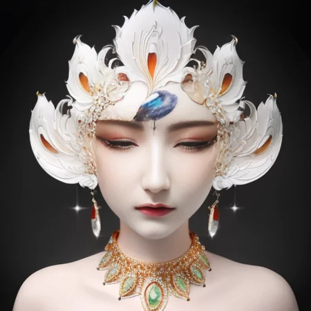 bestquality,masterpiece,highres,chinadress,hairornament,necklace,jewelry,Beautifulface,full_body,tyndalleffect,photorealistic,darkstudio,rimlighting,twotonelighting,(highdetailedskin:1.2),8kuhd,dslr,softlighting,highquality,mju, a white mask with a bird on it<lora:mju-10:1.2>