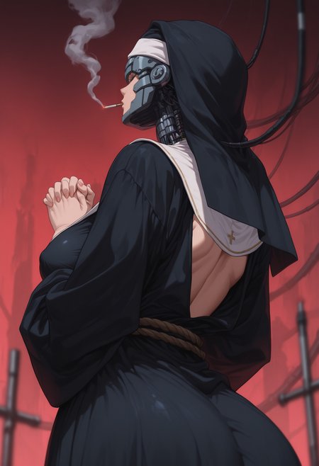 vntg2, mature female, 1girl, (solo), nun, wimpe, guimpe, nun_outfit, upper body, small breasts, pointy breasts, covered breasts, sideboob, black robes, desolation, longing, prosthetic neck, cyberpunk, rope belt, untucked clothes, long robes, bottom heavy, large hips, huge thighs, black loafers, on_knees, praying, own_hands_clasped, smoke altar, (cover), wires, cables, wires on head, (ground view), black socks, back view, from behind, (unaware), red background, smoking, simple background, blurry foreground, depth of field, anime coloring, masterpiece, best qualiy, high detail, very aesthetic, vntg2, <lora:627b9559-11aa-4715-9edc-2ebc9fd63161:0.9>