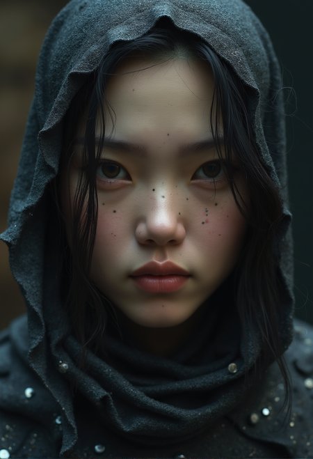 Super face Closeup Portrait, Sci-fi Darkness By He Xiaofeng, a quiet Fighter, feudal Ninja,, robotic shinobi suit, (style Katy  Grannan:1.35) , Satin texture, Glitchy