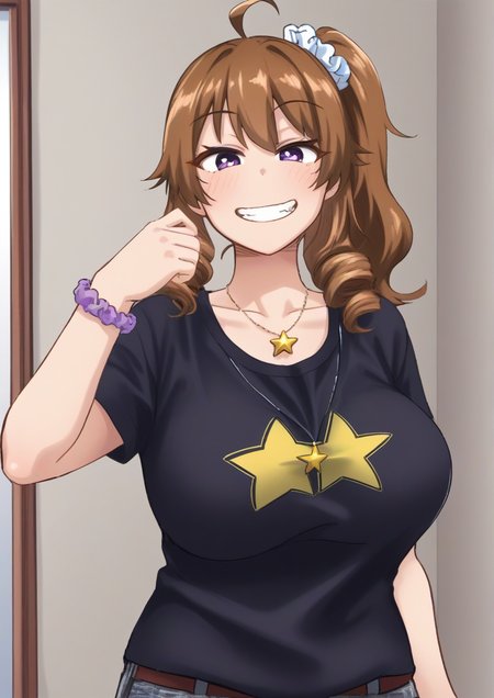 1girl, yokoyama nao, huge breast,ahoge, black shirt, blue scrunchie, bracelet, brown hair, drill hair, grin, jewelry, looking at viewer, medium hair, necklace, print scrunchie, print shirt, purple eyes, scrunchie, shirt, side drill, side ponytail, sidelocks, smile, solo, standing, star (symbol), star necklace, star print, t-shirt, tank top, white scrunchie, white shirt, wrist scrunchie,<lora:ãã³å©Dekosuke:1>