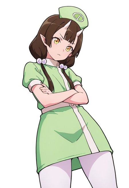 Smooth Quality,masterpiece,very intricate, high quality details, ultra realistic, high detailed skin,detailed enviorement,absurdres,
w,solo,
 <lora:Care_Resumisu_CNR:0.8> care_cnr, 1girl,brown hair, pointy ears, long hair, yellow eyes, oni, low twintails, skin-covered horns, brown eyes, care_green_cnr, green dress, short sleeves, white pantyhose,puffy sleeves, puffy short sleeves, green shirt, shirt, hat, nurse cap, hair bobbles,, simple background, white background, dynamic angle,
standing, arms crossed, head tilt, serious, balanced stance, confident,  ,, long coat, ,sweater vest, ,sheer skirt,  ,, 0 0,