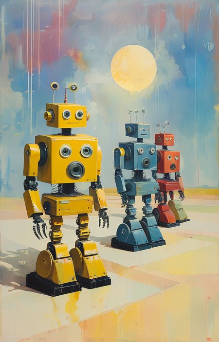 masterpiece,best quality,<lora:tbh222-sdxl:0.9>,illustration,style of Ronnie Landfield portrait of Housework robots