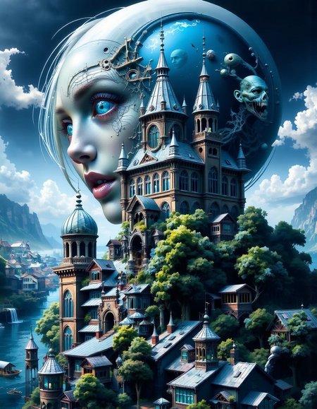 double-exposure. This is a highly detailed, digital artwork blending fantasy and surrealism. The scene is split into two distinct halves, with the upper half depicting an eerie, futuristic cityscape under the sea. The city features a grand, ancient-looking castle with intricate spires and turrets, nestled amidst lush, green trees. The castle's architecture is reminiscent of medieval European design, with tall, narrow windows and a central tower.