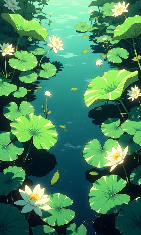 A serene pond is the central subject, filled with large, vibrant green lily pads that float on the water's surface. The camera captures the scene from a top-down perspective, providing a clear view of the lily pads and the few white water lilies blooming among them. Soft, diffused light filters through the leaves, creating gentle highlights and shadows that add depth to the image. The light source appears to be natural, possibly sunlight, which enhances the rich colors of the lily pads and flowers. In the background, the water transitions into deeper shades of blue, suggesting depth and tranquility. The composition is balanced, with the lily pads and flowers arranged in a circular pattern around the center of the pond, drawing the viewer's eye inward. The overall atmosphere is peaceful and calming, evoking a sense of natural beauty and harmony.
BREAK anime, d13s3lp2nk, bboil artist style, OBdonman, Anime art, <lora:FLUX\Anime Art V3:0.2>, <lora:FLUX\Synesthesia:0.2>, <lora:FLUX\RetroAnimeS1.1:0.5>, <lora:FLUX\Flux-jijia:0.1>, <lora:FLUX\It's a LoRA for portraits, BUT! actually specialized in backgrounds. v1.0:0.1>, <lora:FLUX\GLSHS:0.2>, <lora:FLUX\Dieselpunk Delight - s0_9 g4:0.4>, <lora:FLUX\OBdonman, anime0style portrait:0.1>