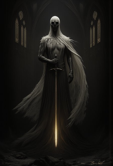 art by Ben Templesmith and hr giger, Fantasy painting of a spectral figure with a long, tattered robe, floating through the air. The ghost is illuminated with a faint beige glow, casting an eerie, ethereal light. Its robe is shredded and flowing, giving a ghostly appearance, and it holds a broken longsword, the blade fractured and jagged. The ghostâs face is shadowy and indistinct, enhancing the haunting effect. The background features a dark, gothic cathedral with towering arches and stained glass windows, shrouded in shadows. The scene is rendered in cel shading, with a dark fantasy aesthetic. The overall mood is ominous and mysterious, highlighting the ancient and worn aspects of the ghost and its surroundings. <lora:- Flux1 - vanta_black_V1.0.safetensors:1.0>,  <lora:aidmaImageUpgrader-FLUX-V0.1.safetensors:1.0>, detailmaximizer <lora:Dever_Flux_Enhancer.safetensors:1.0>, dev <lora:FluxFantasyKnightsV1.safetensors:1.0>, hkstyle